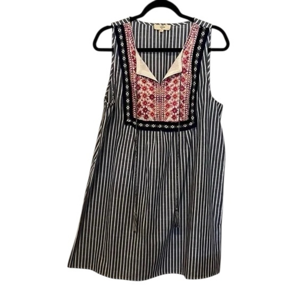 Entro Black and White Striped Mini Dress with Red Embroidery
